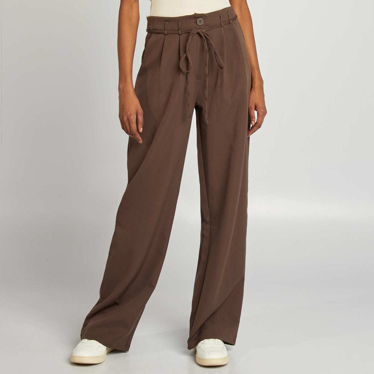 Pantalon large uni avec ceinture MARRON