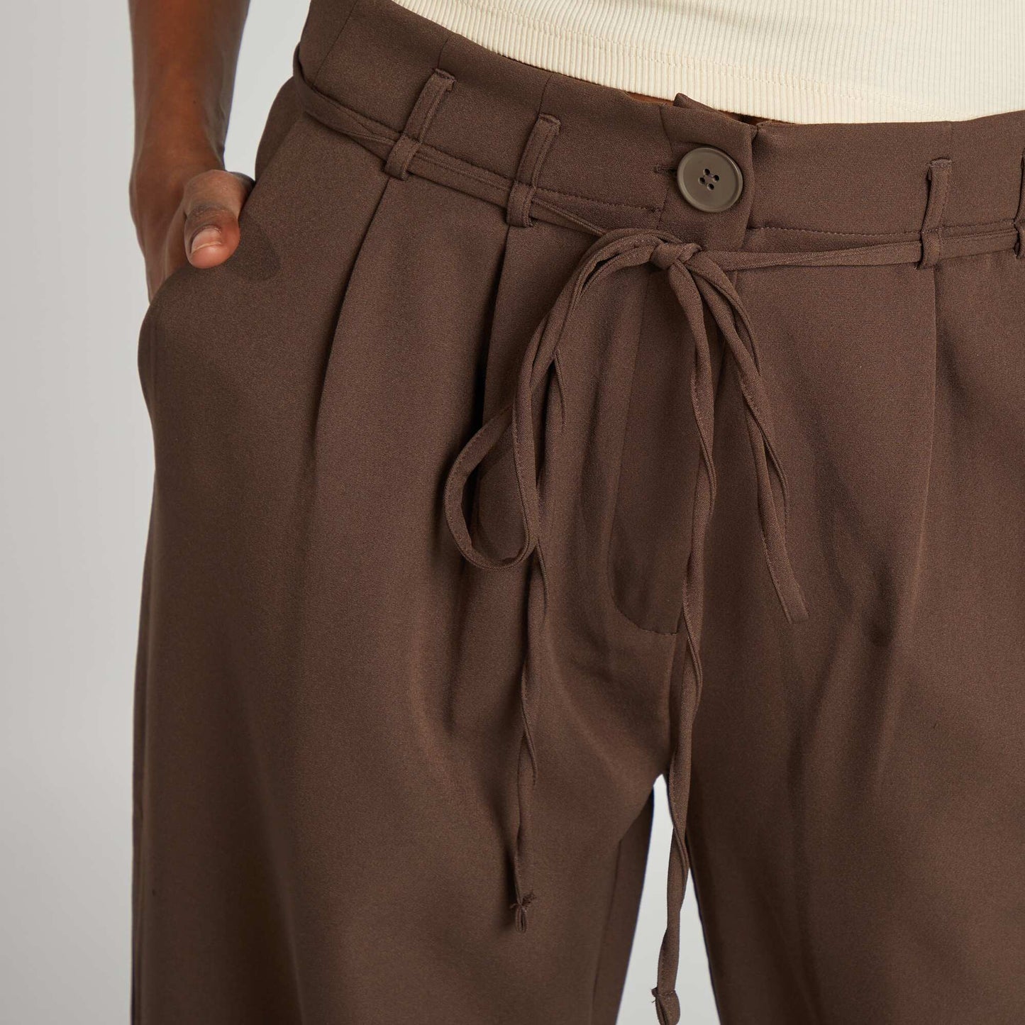 Pantalon large uni avec ceinture MARRON