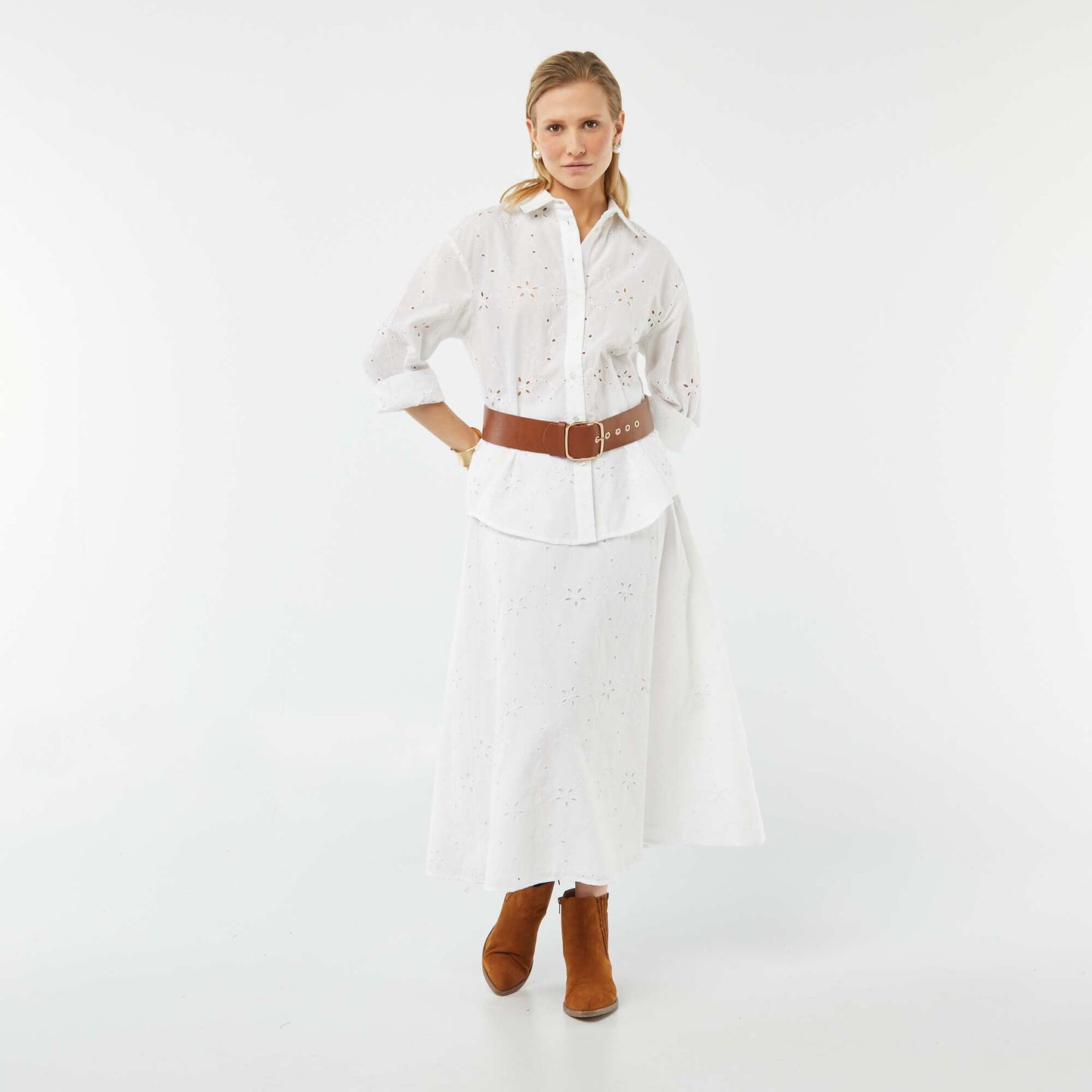 Jupe midi unie avec broderies anglaises BLANC