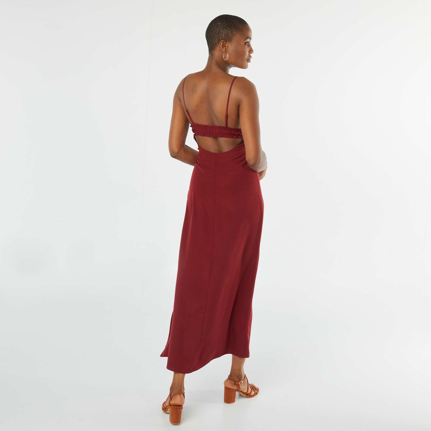 Robe fluide midi avec haut effet nuisette ROUGE BORDEAUX