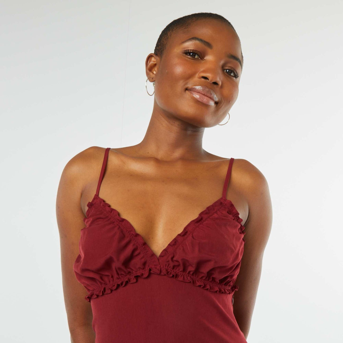 Robe fluide midi avec haut effet nuisette ROUGE BORDEAUX