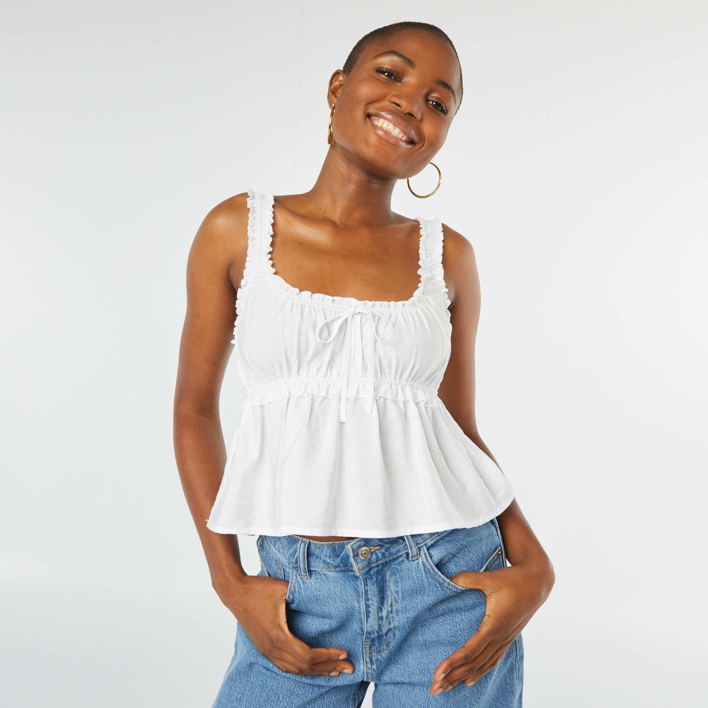 Top sans manches avec bords volantées BLANC