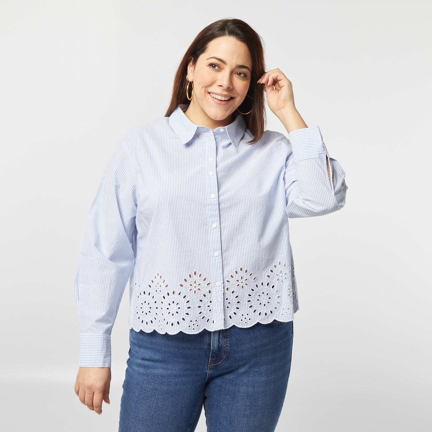 Chemise rayée avec broderies ajourées BLEU RAYé