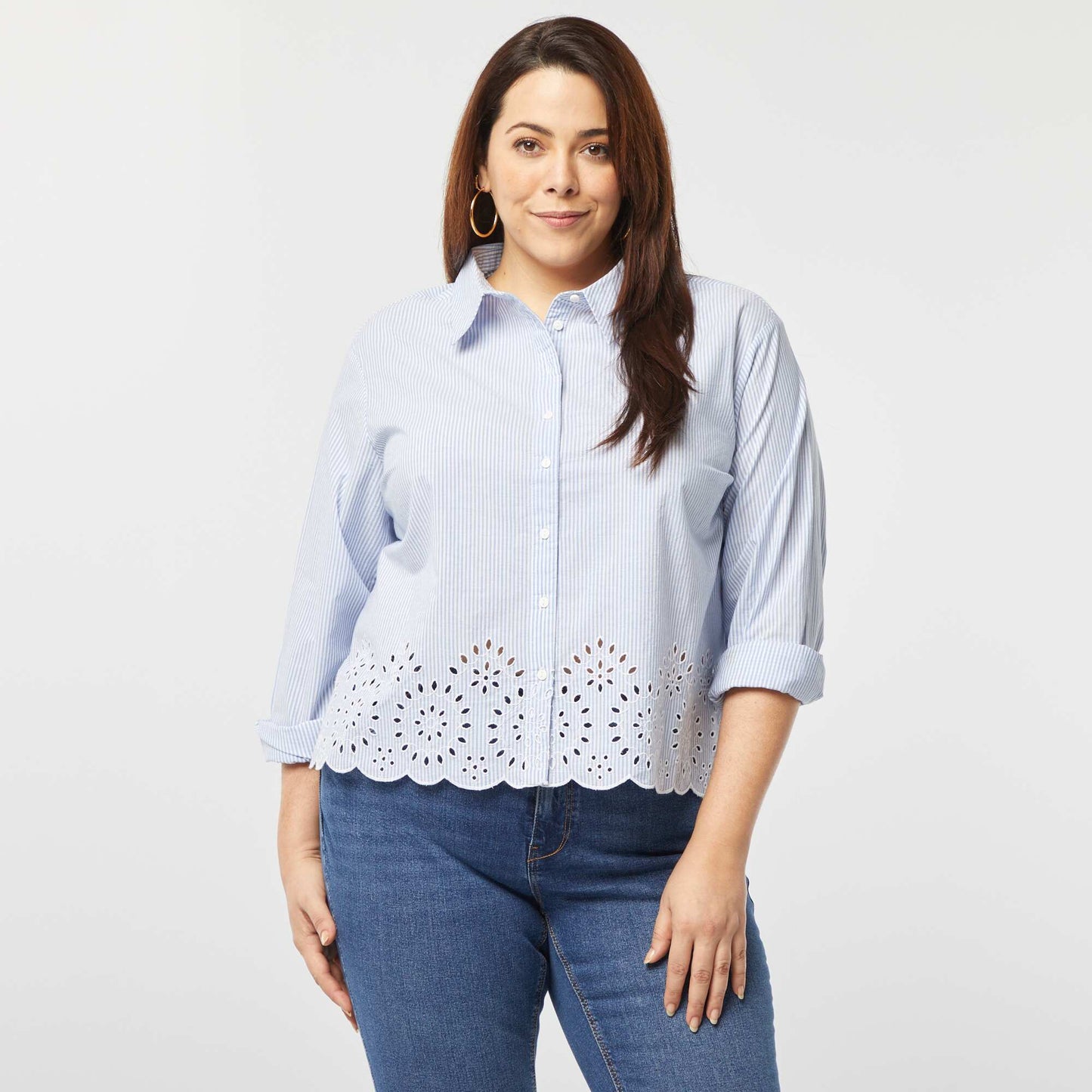 Chemise rayée avec broderies ajourées BLEU RAYé
