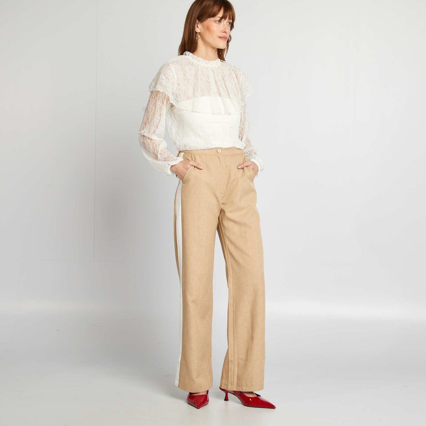 Pantalon city large avec bandes sur les côtés BEIGE