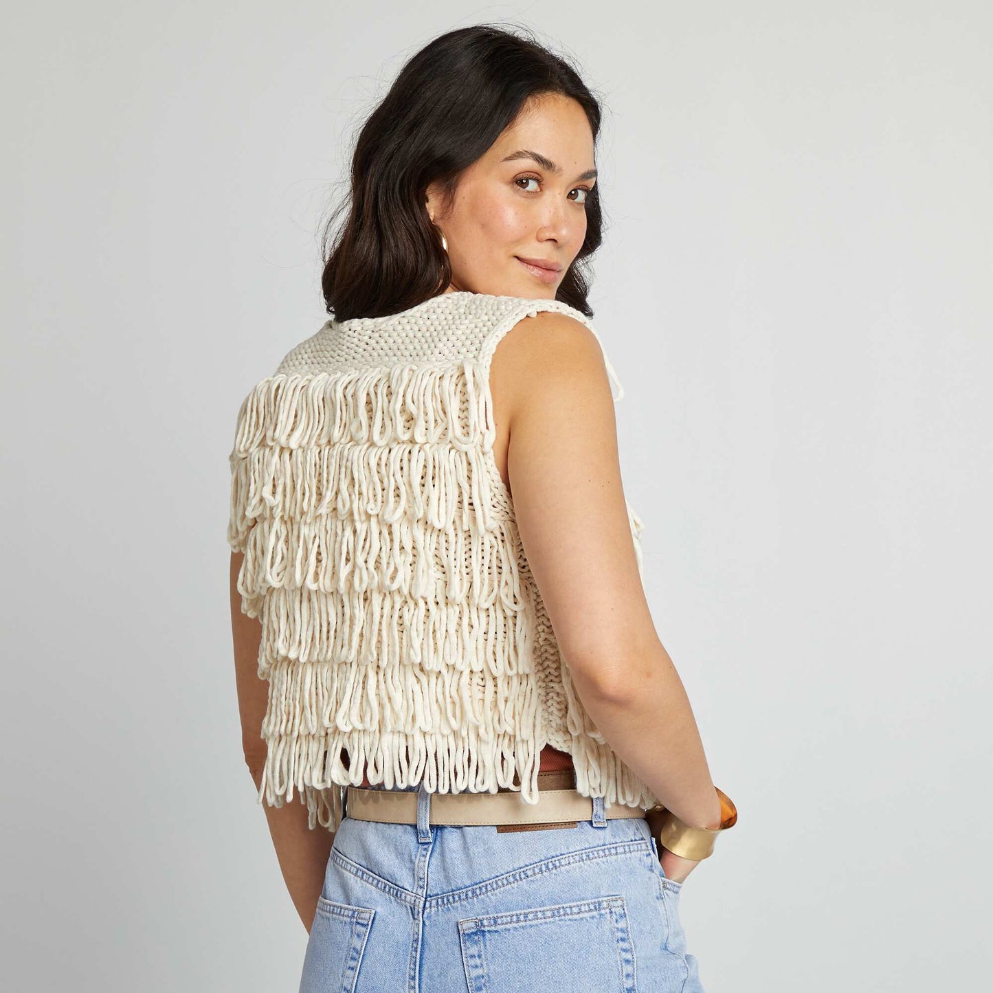 Gilet sans manches avec franges BEIGE