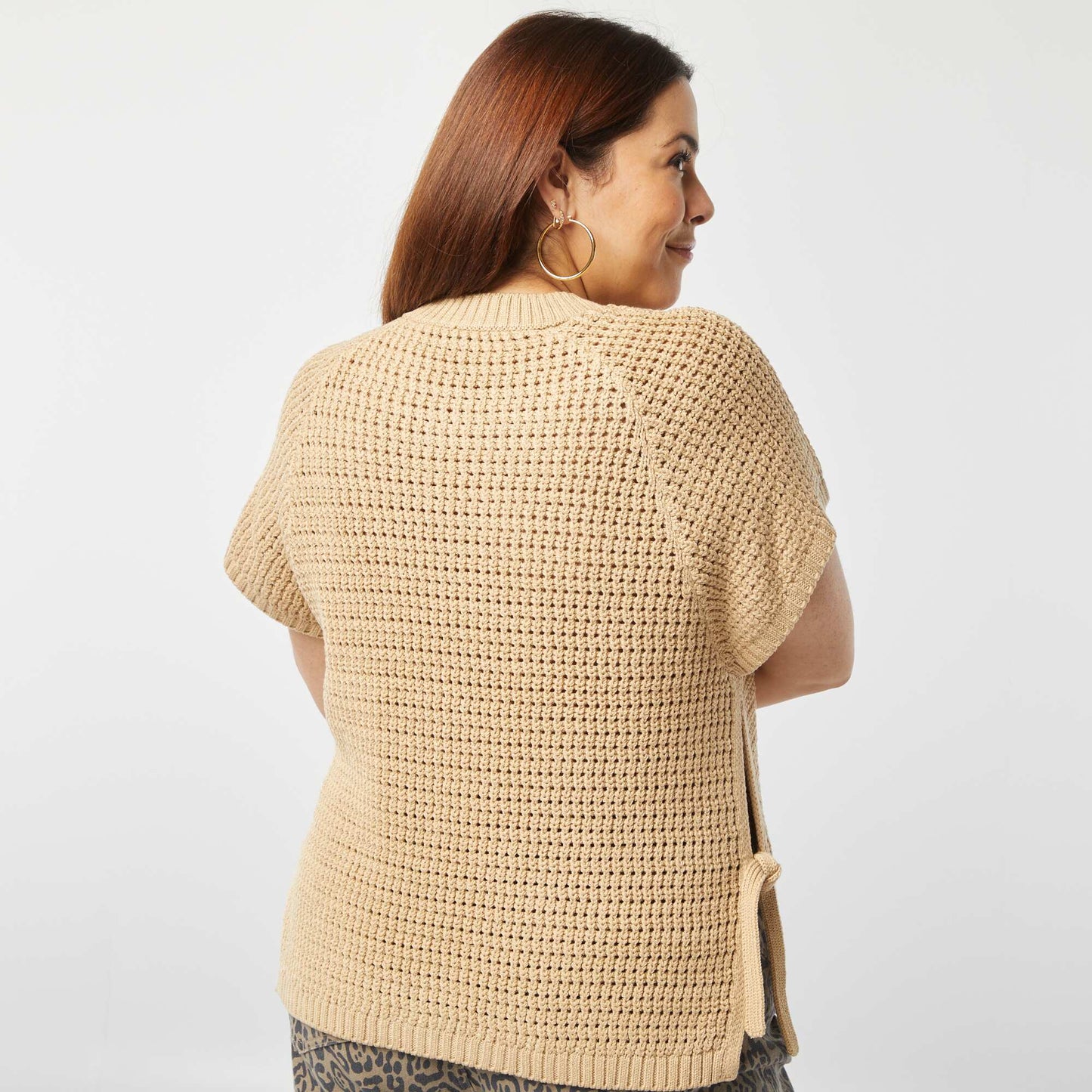 Pull manches courtes en maille large BEIGE