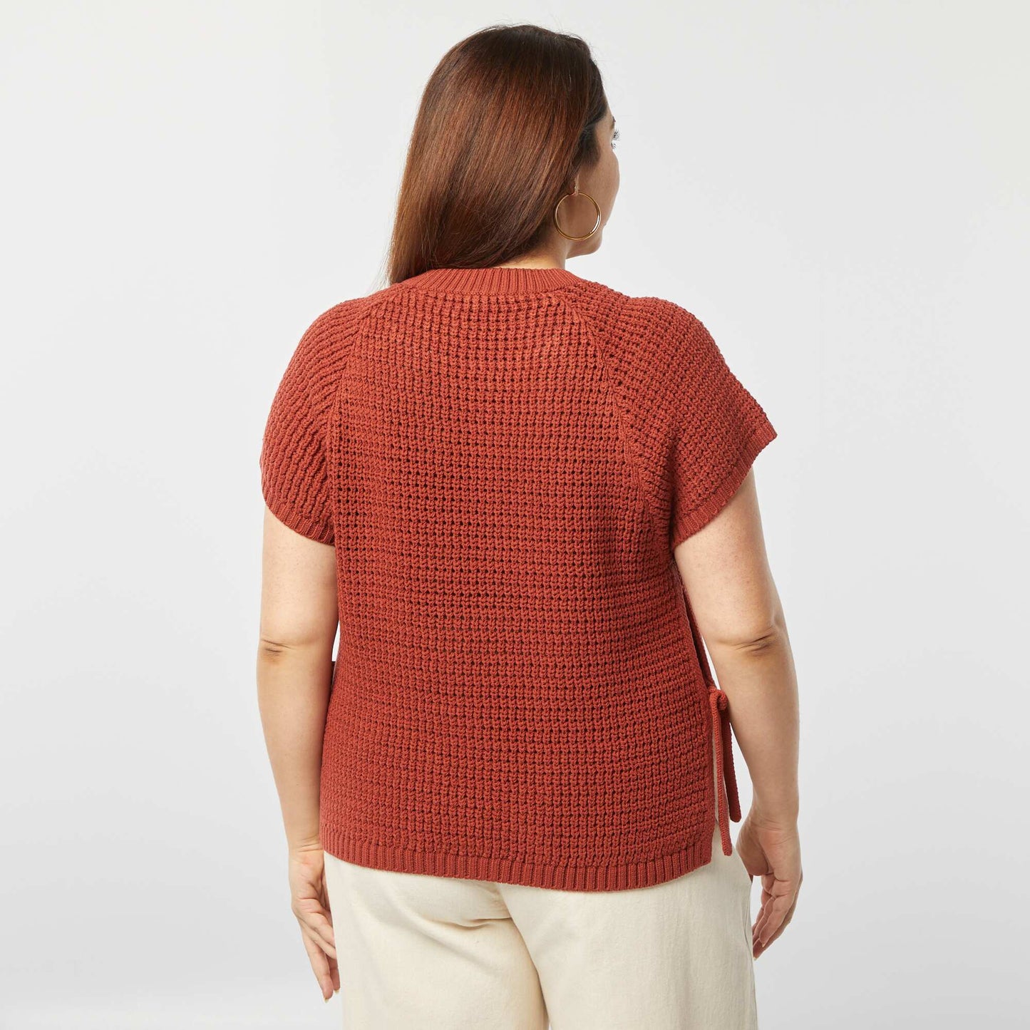 Pull manches courtes en maille large ROUGE BRIQUE