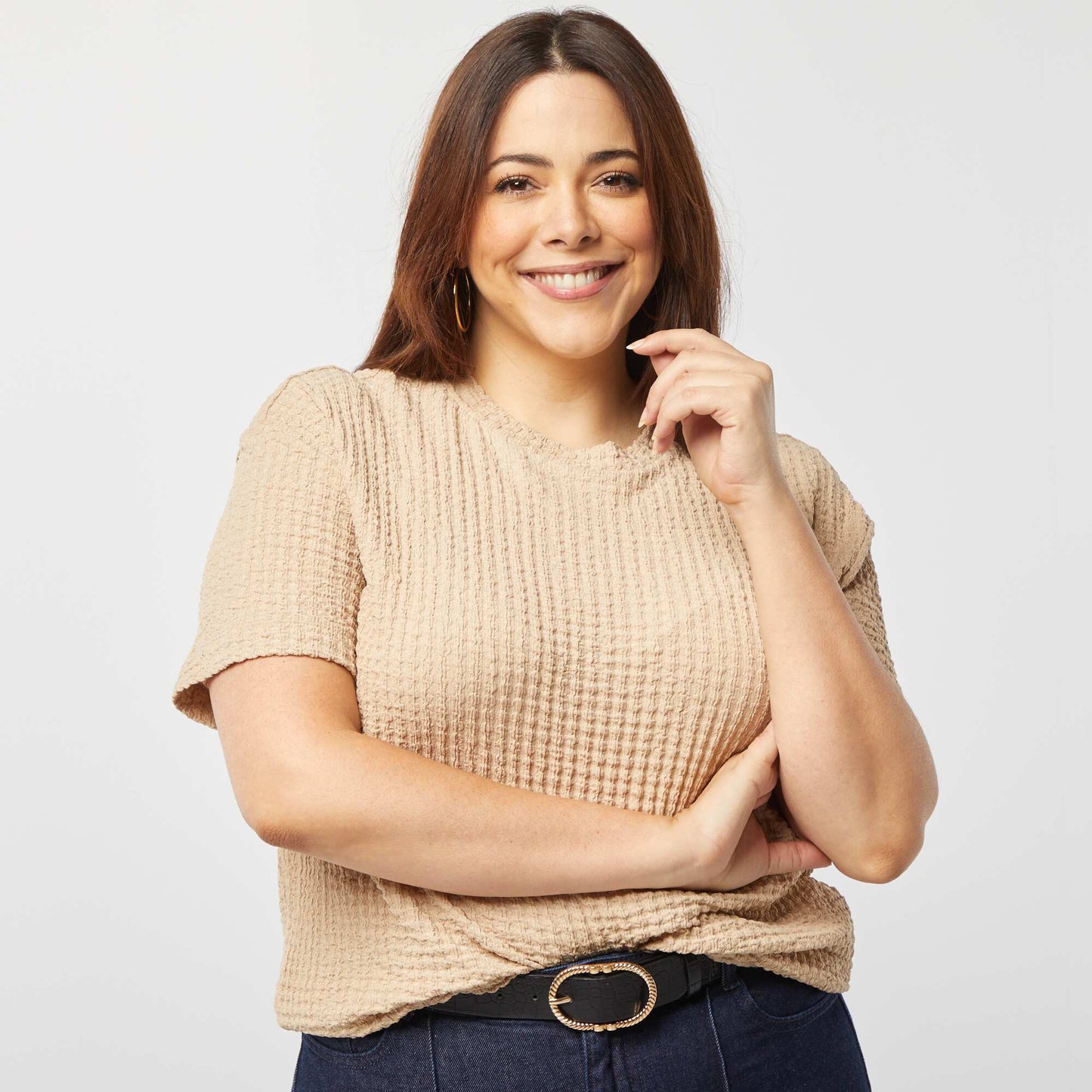 Tee-shirt large en maille gaufrée BEIGE