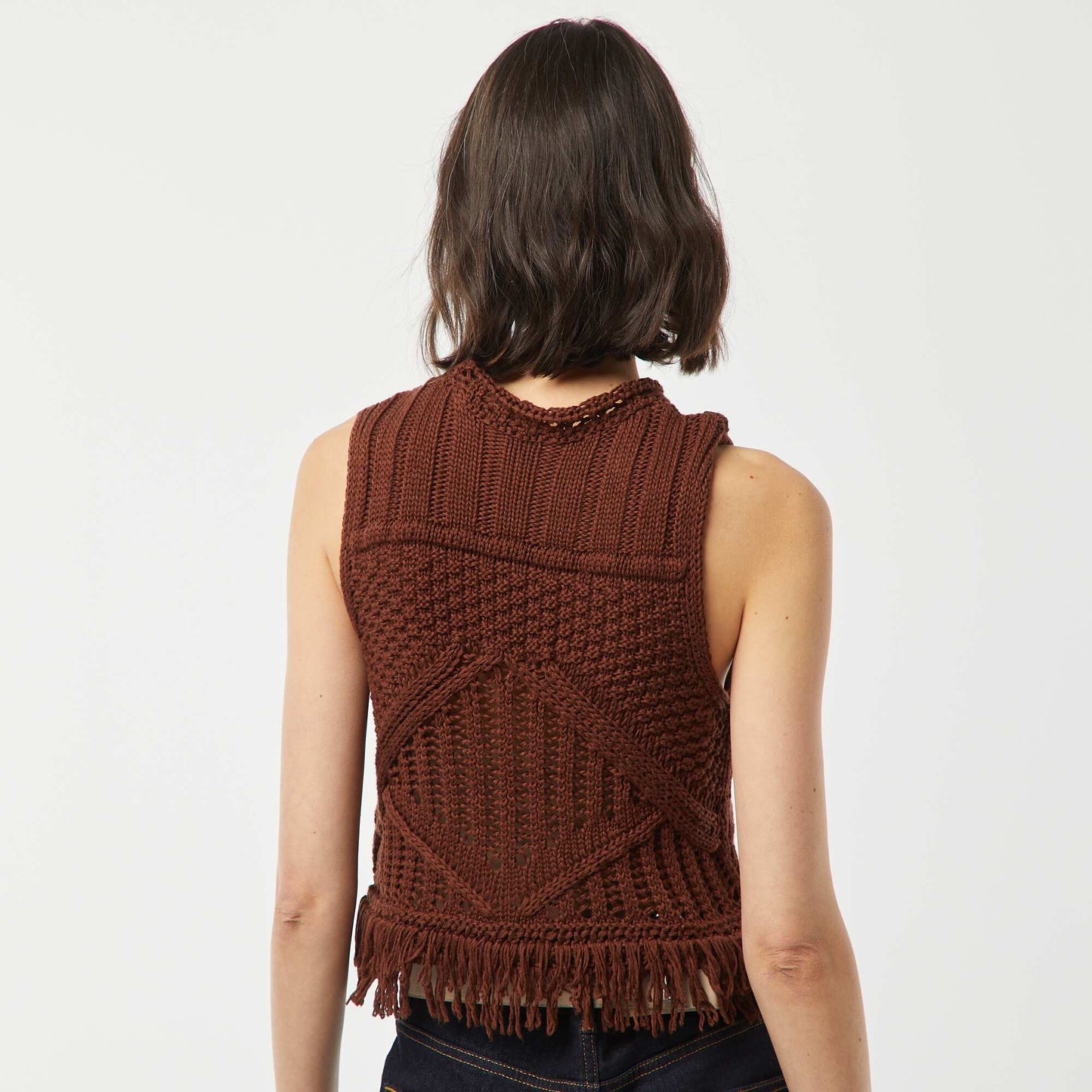 Pull sans manches en maille fantaisie avec franges MARRON