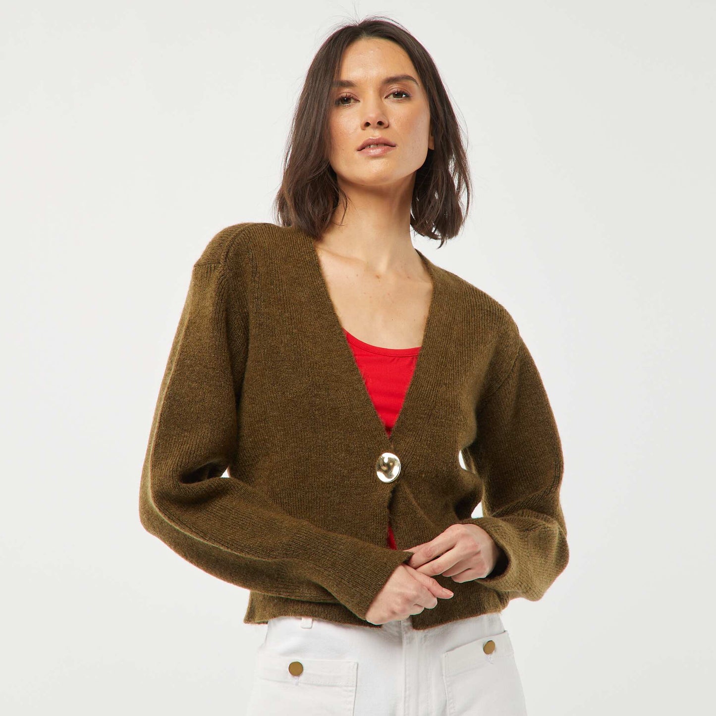 Gilet avec ouverture bouton doré en maille côtelée KAKI