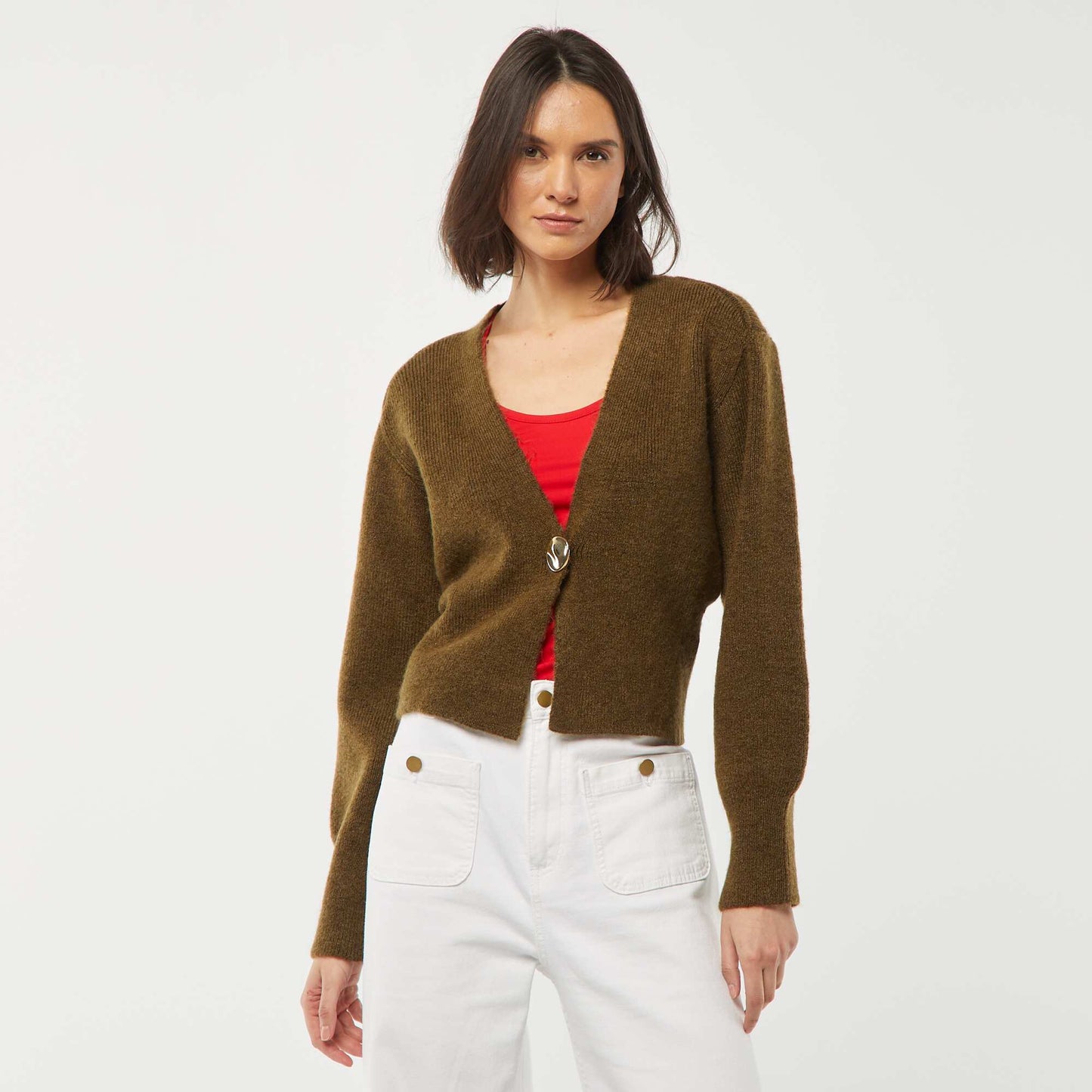 Gilet avec ouverture bouton doré en maille côtelée KAKI