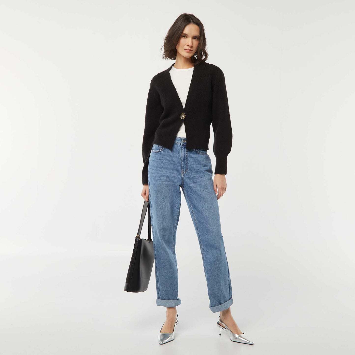 Gilet avec ouverture bouton doré en maille côtelée NOIR