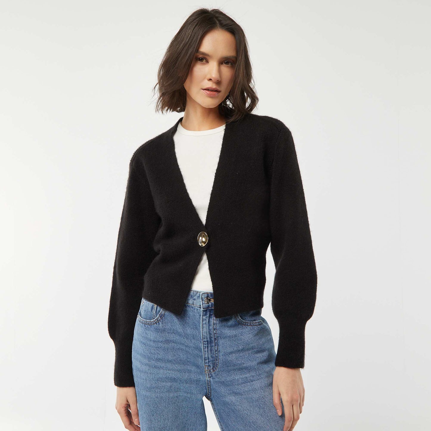 Gilet avec ouverture bouton doré en maille côtelée NOIR