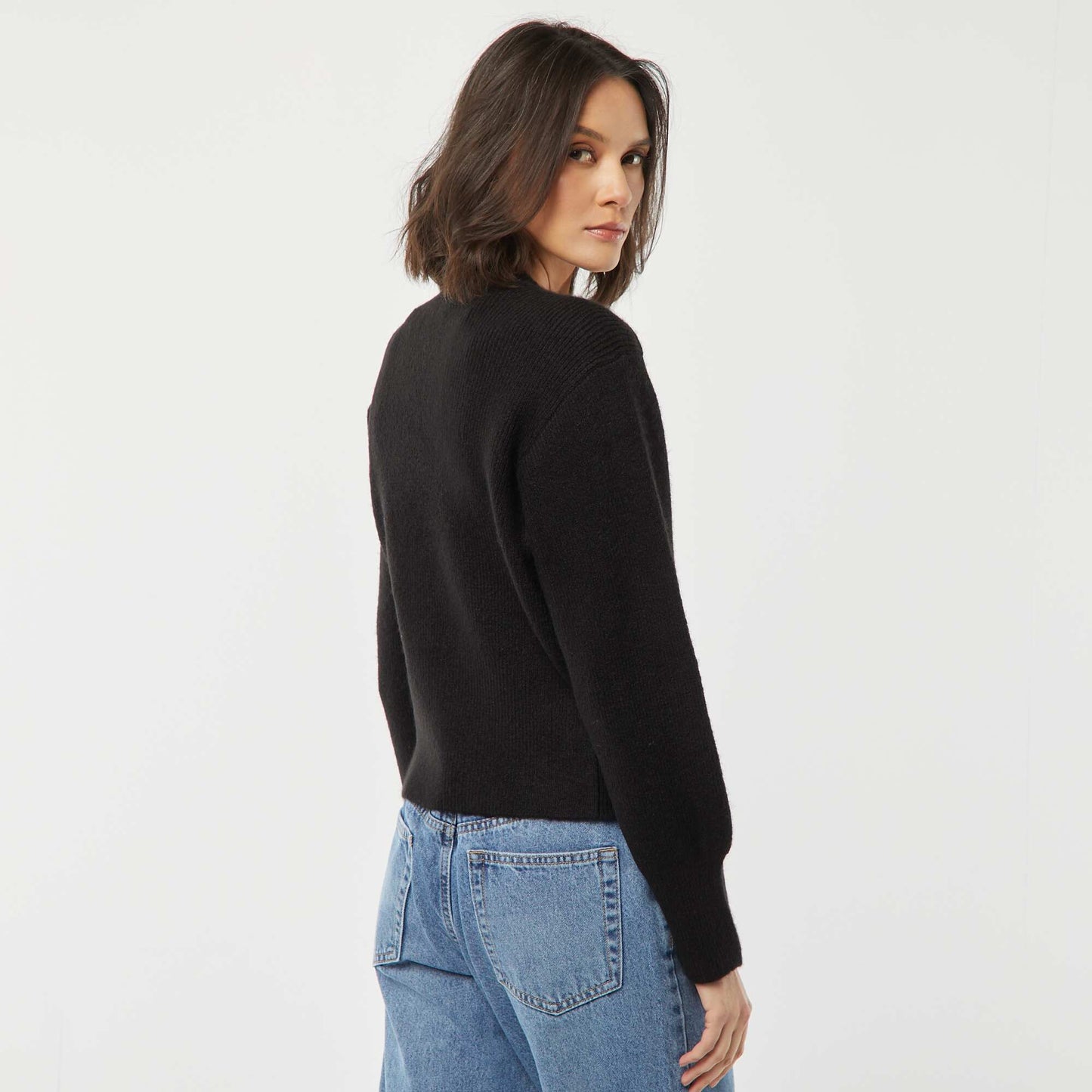 Gilet avec ouverture bouton doré en maille côtelée NOIR