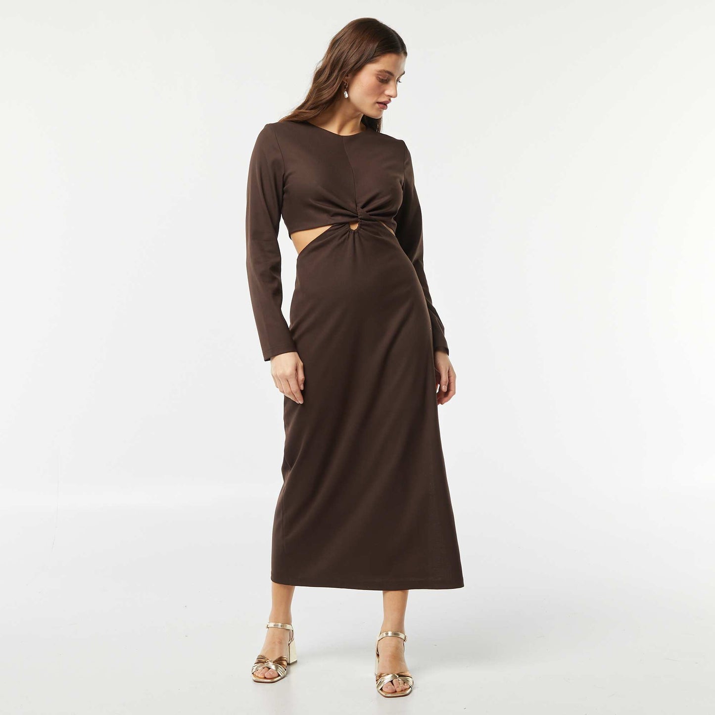 Robe midi effet twiste devant MARRON