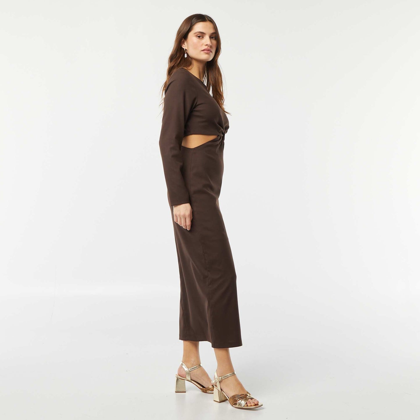 Robe midi effet twiste devant MARRON