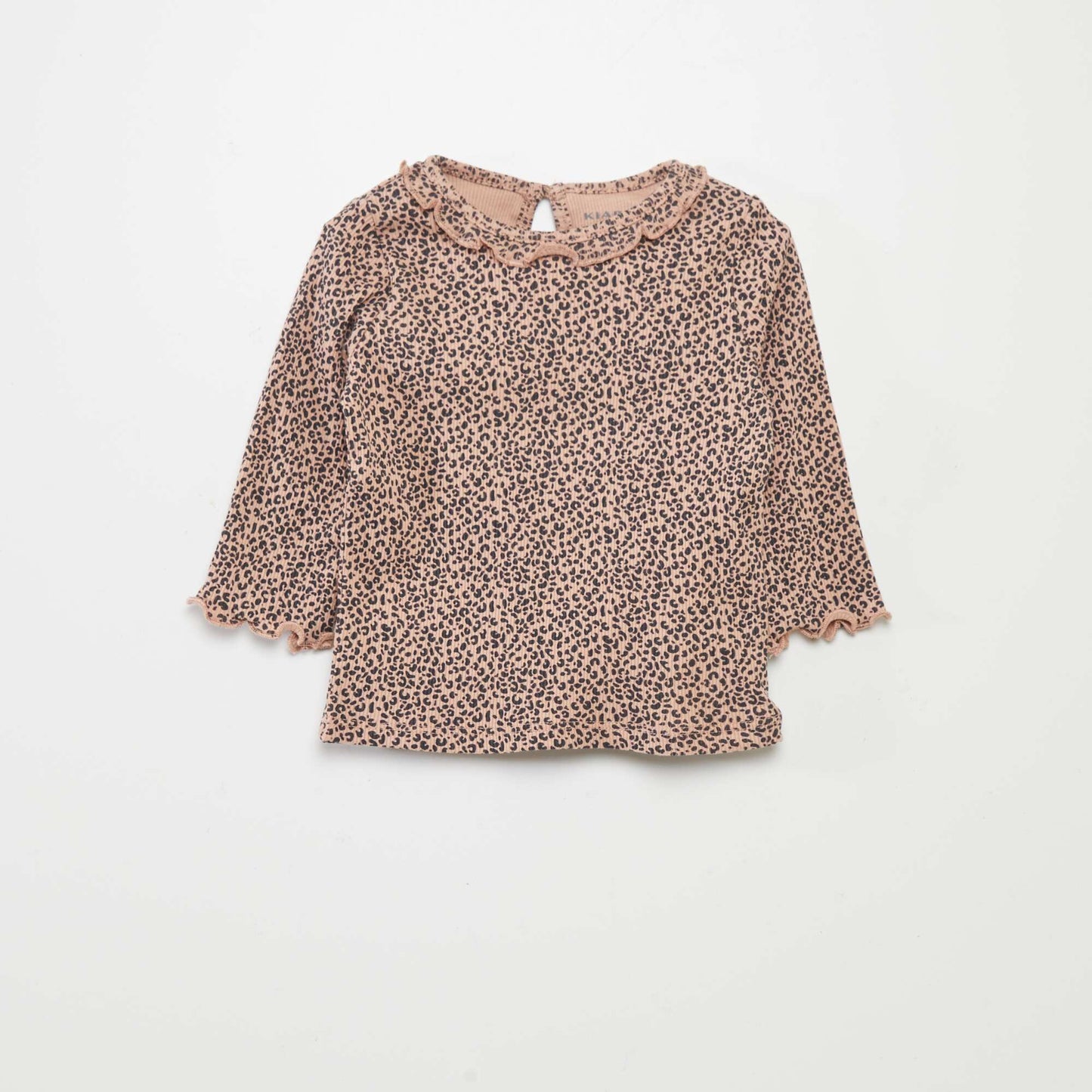 T-shirt en maille c tel e col volant Beige