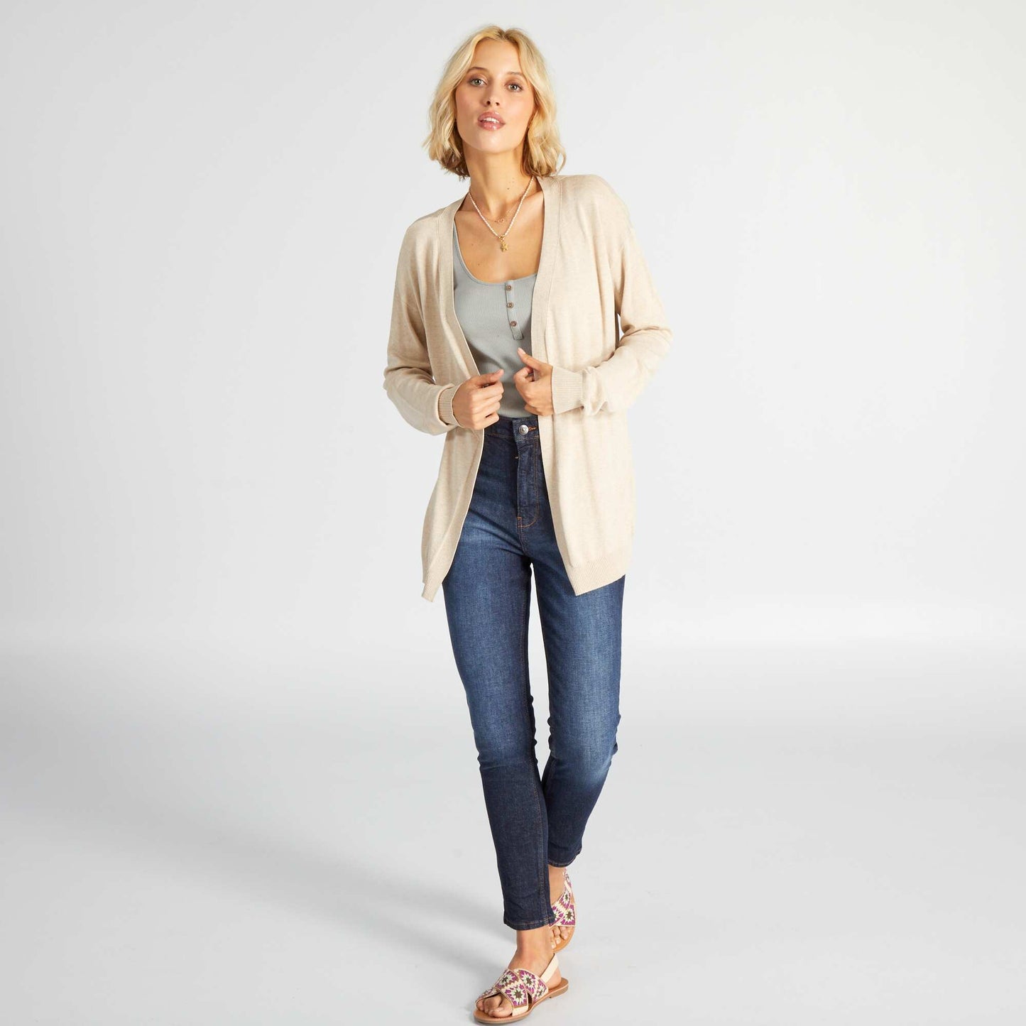 Gilet long ouvert en viscose douce Beige