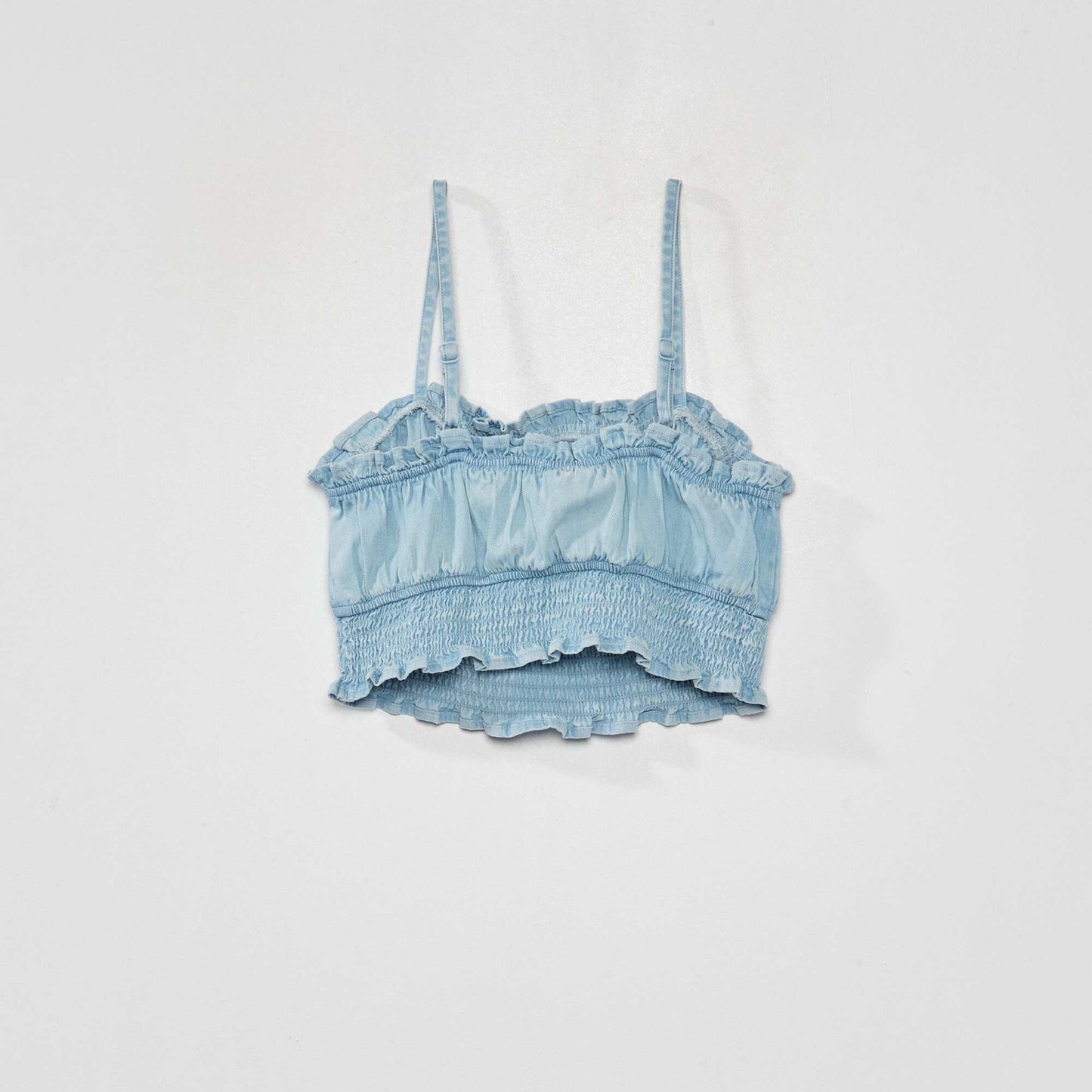 Top cropped en denim fines bretelles Bleu
