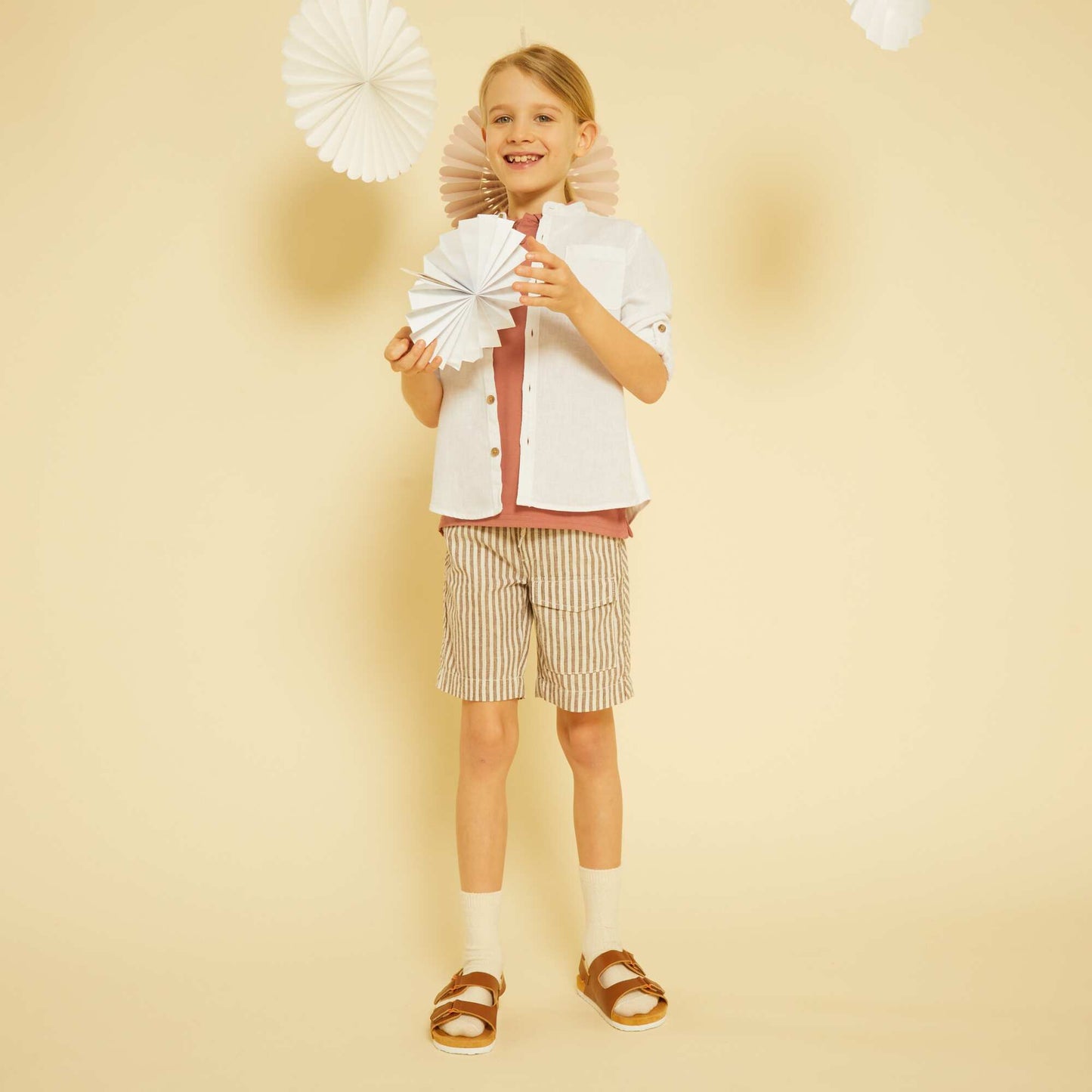 Bermuda rayures en lin Beige