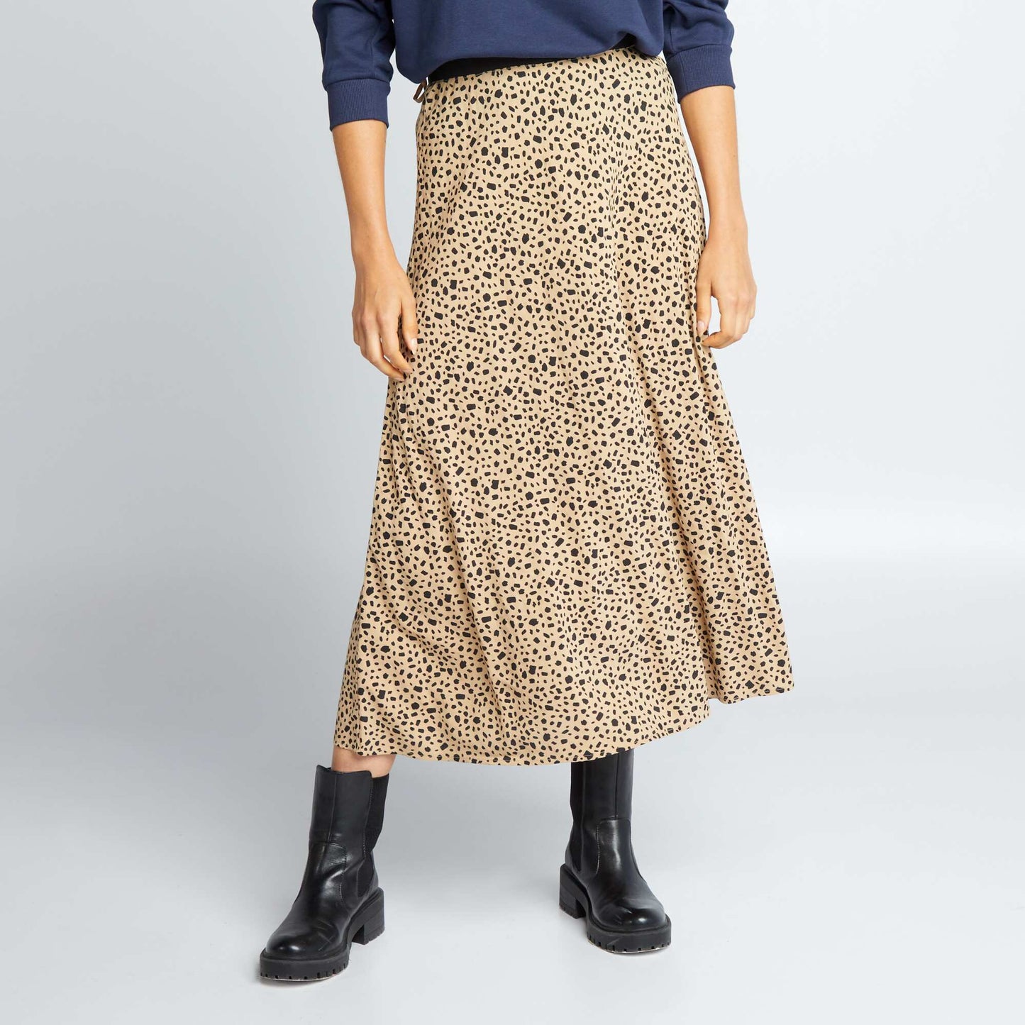 Jupe midi en maille cr pe Beige l opard