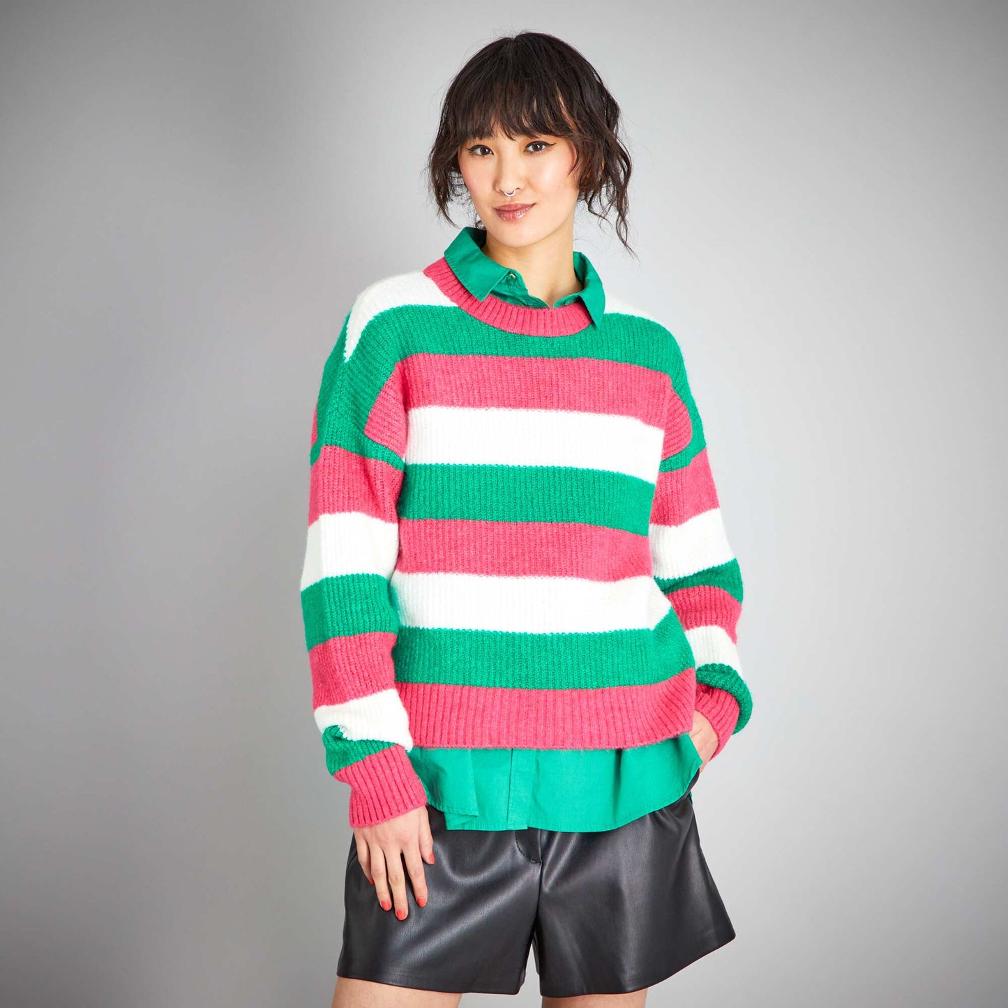 Pull en maille rayures Rose/vert