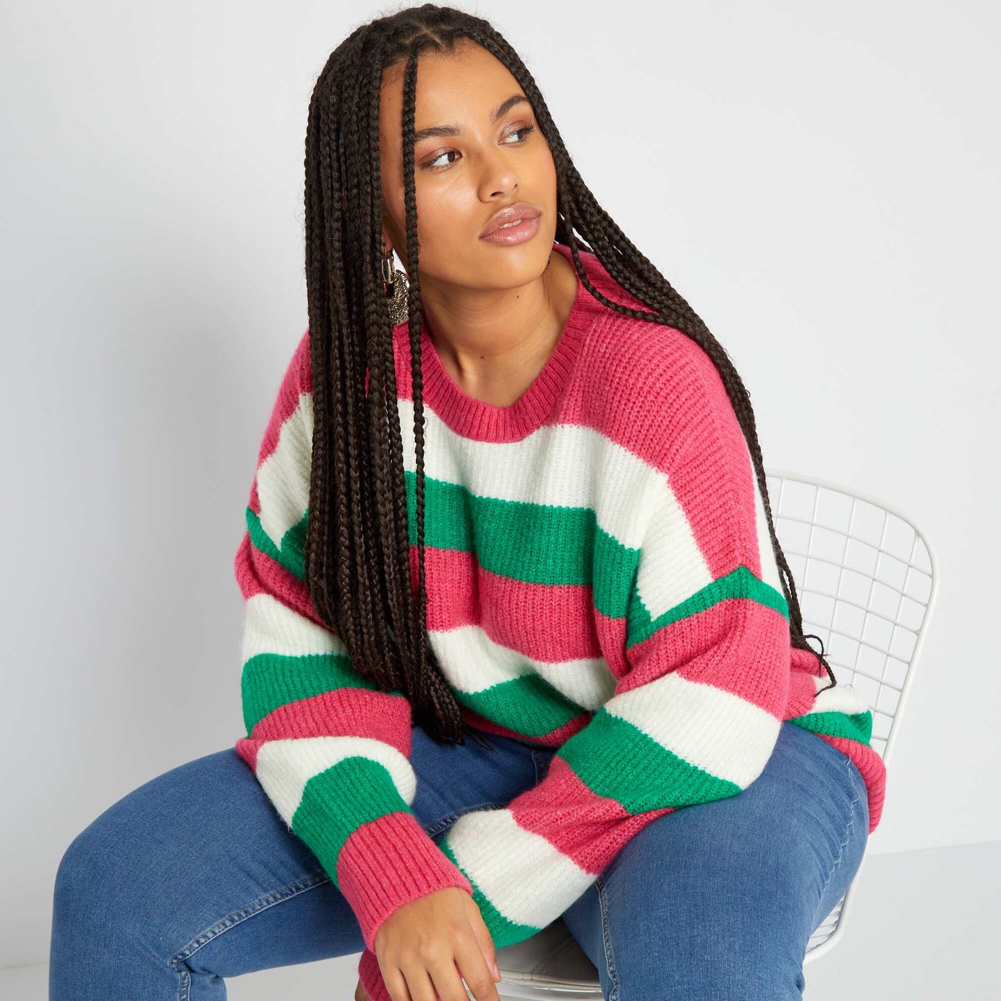 Pull en maille tricot Rose/vert/blanc