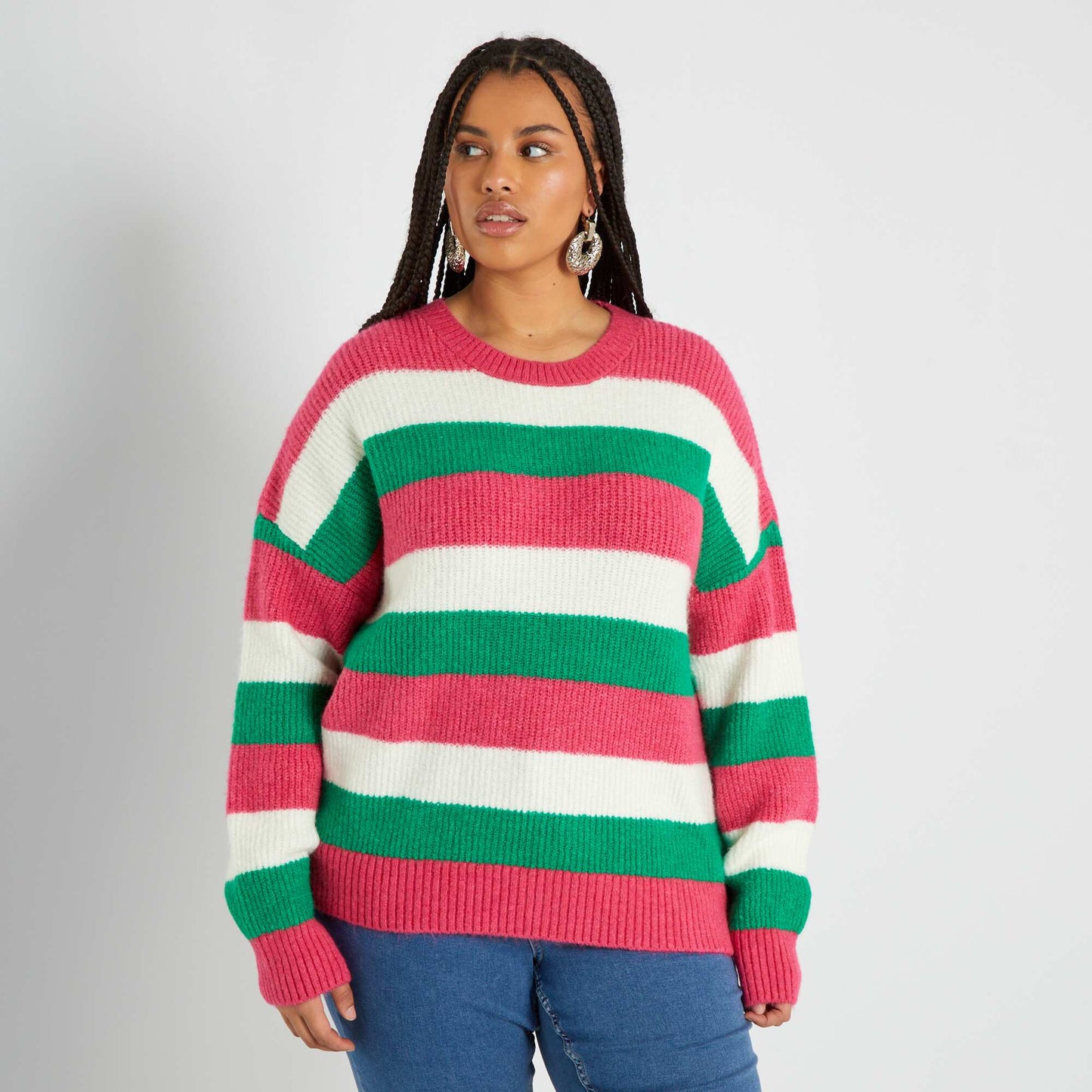 Pull en maille tricot Rose/vert/blanc