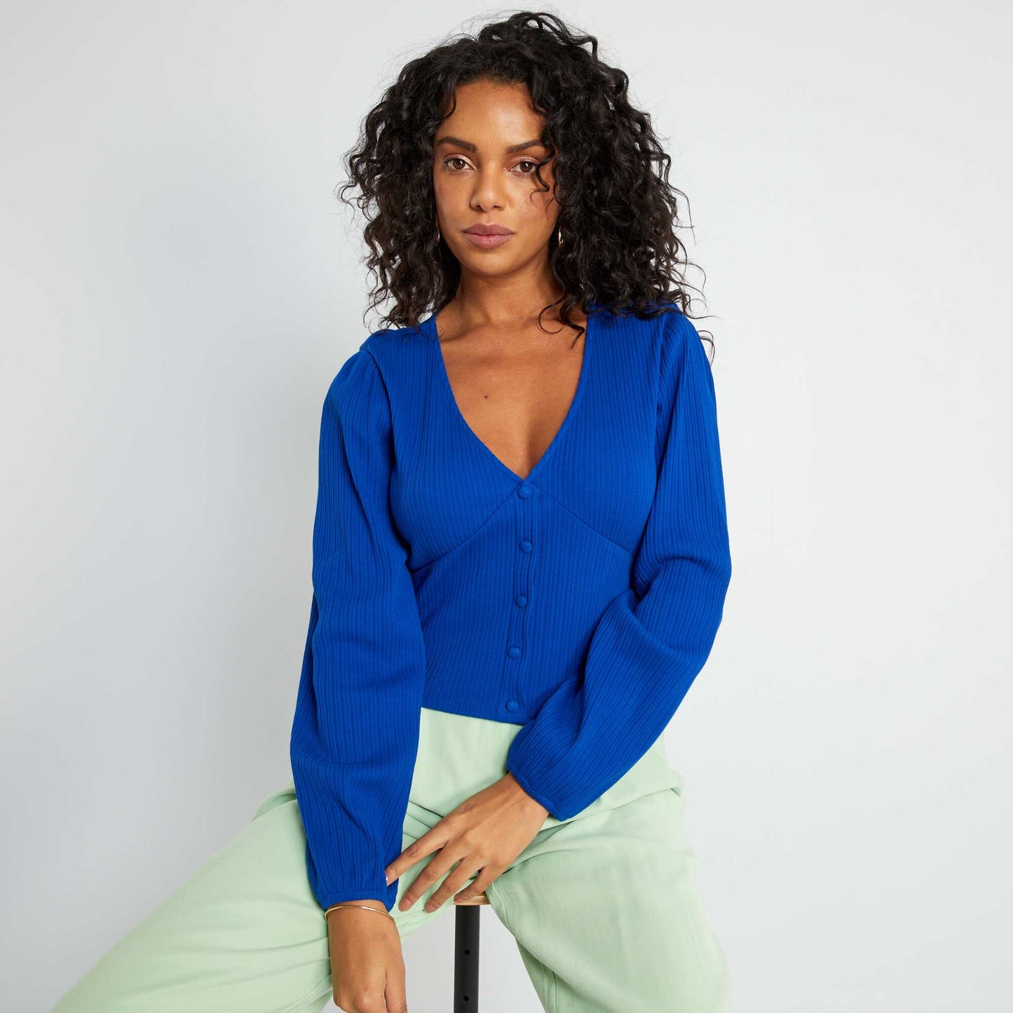 T-shirt en coton manches longues bleu