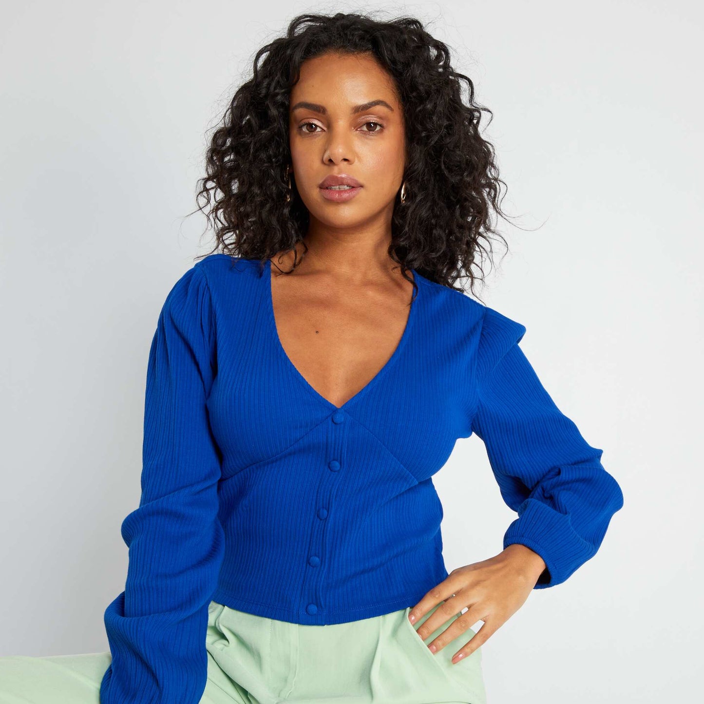 T-shirt en coton manches longues bleu