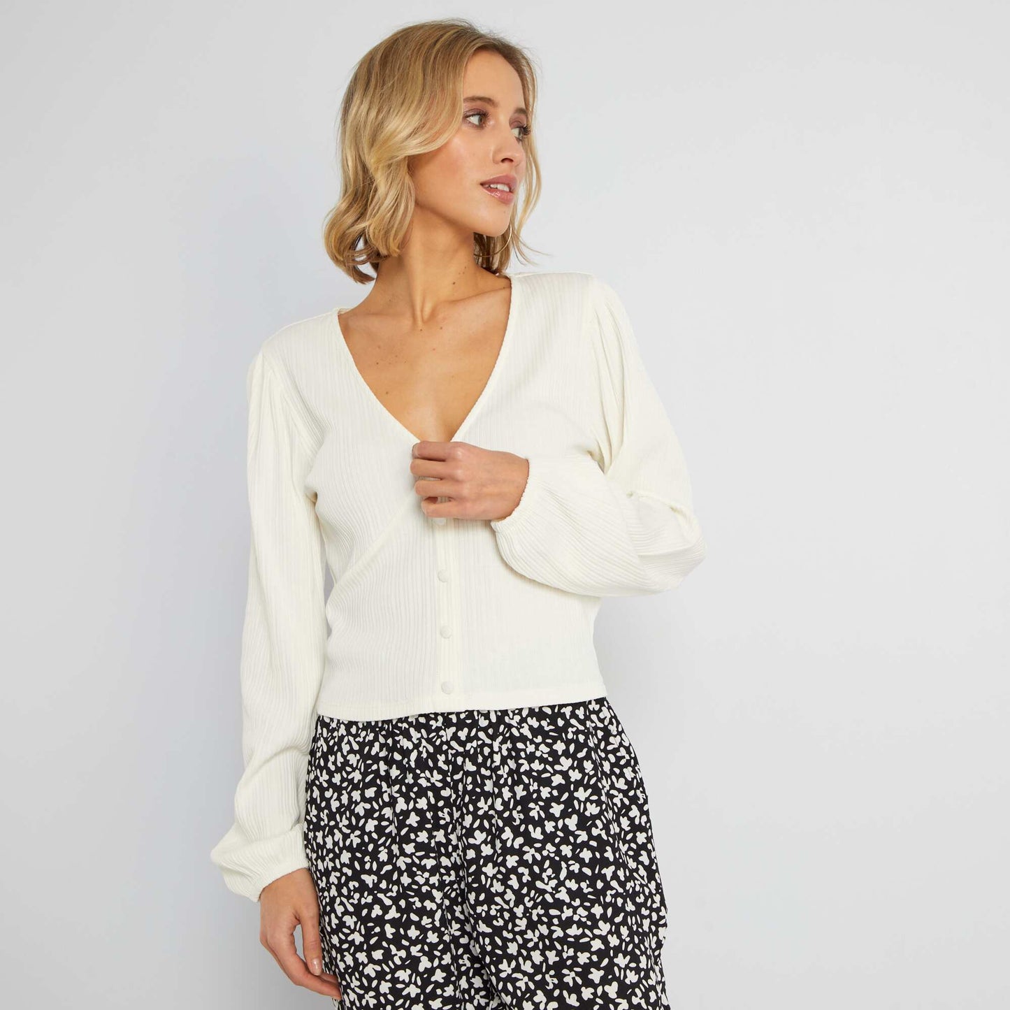 T-shirt en coton manches longues Ecru