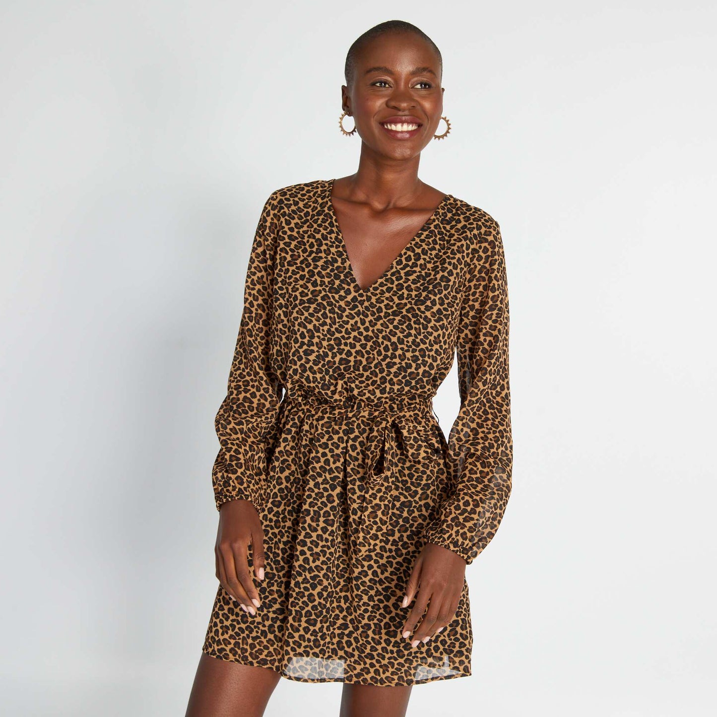 Robe motif avec ceinture nouer Beige