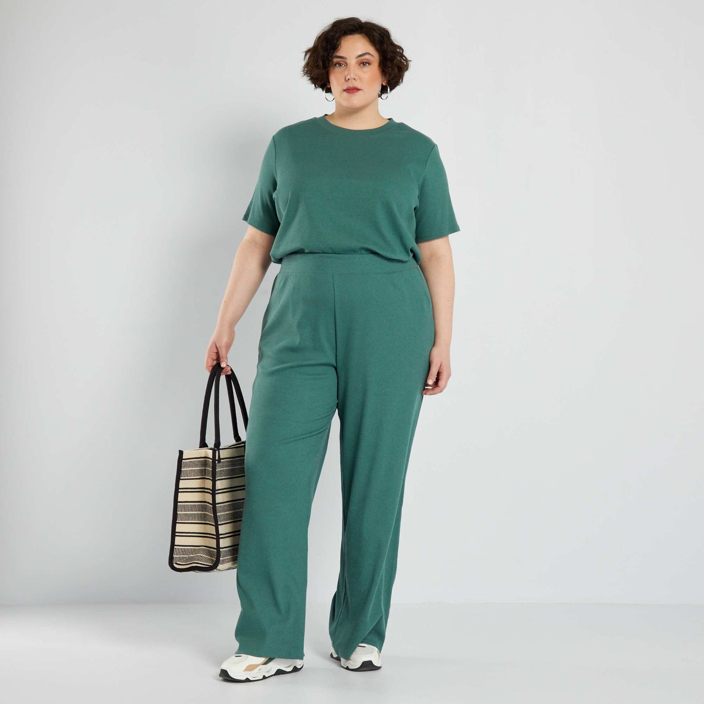 Pantalon large en maille c tel e Vert
