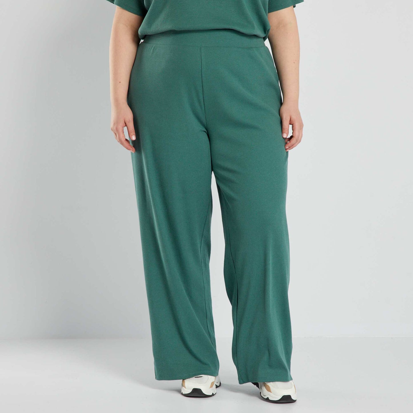 Pantalon large en maille c tel e Vert