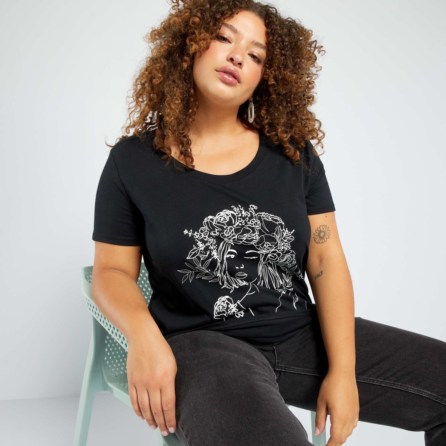 T-shirt imprim col rond Noir