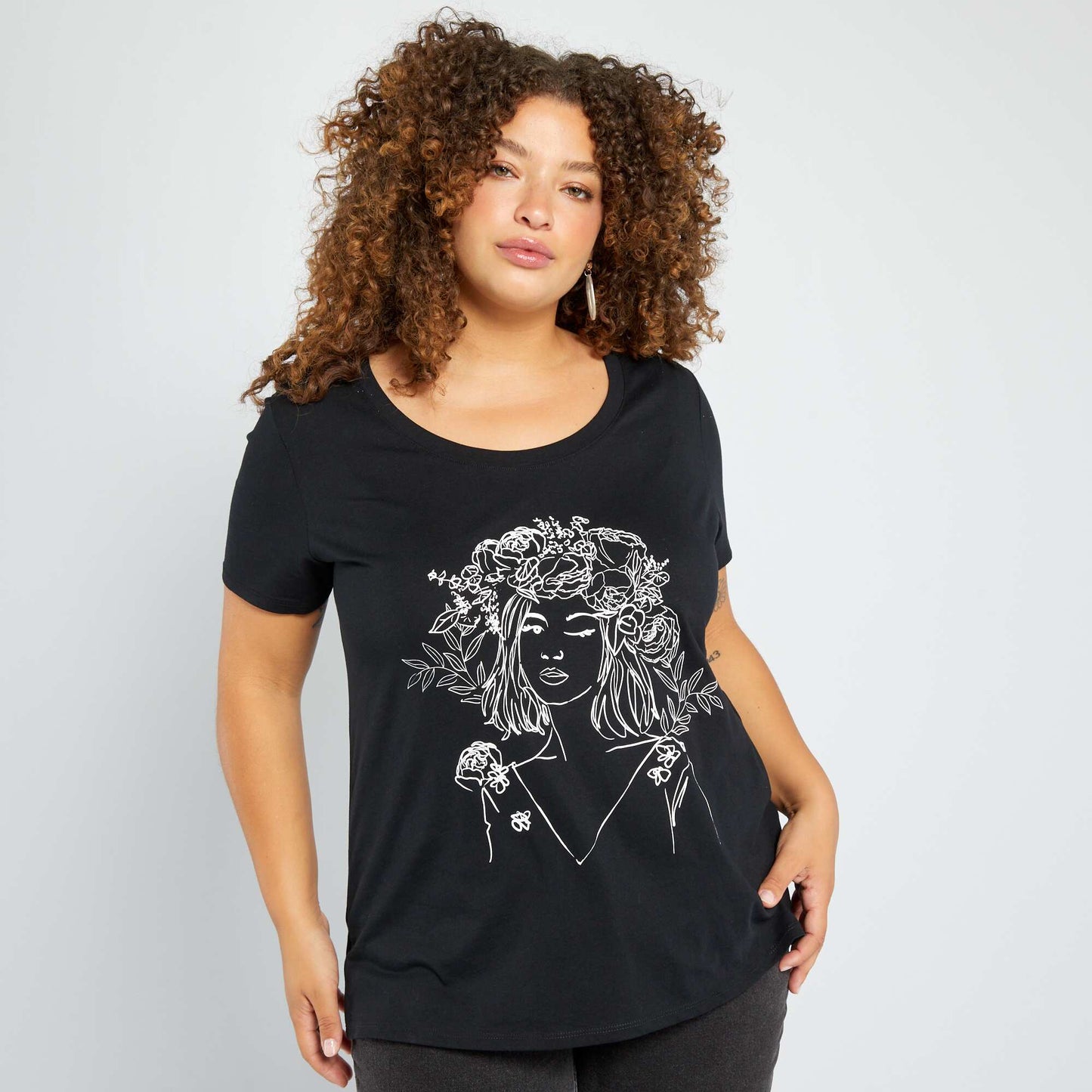 T-shirt imprim col rond Noir