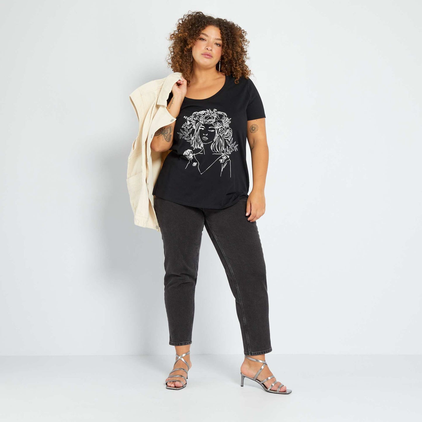 T-shirt imprim col rond Noir