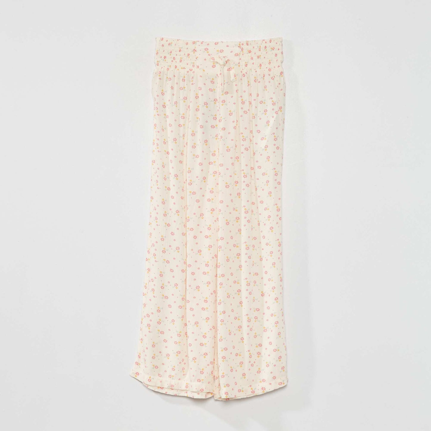 Pantalon large 'fleuri' tissu gaufr Beige