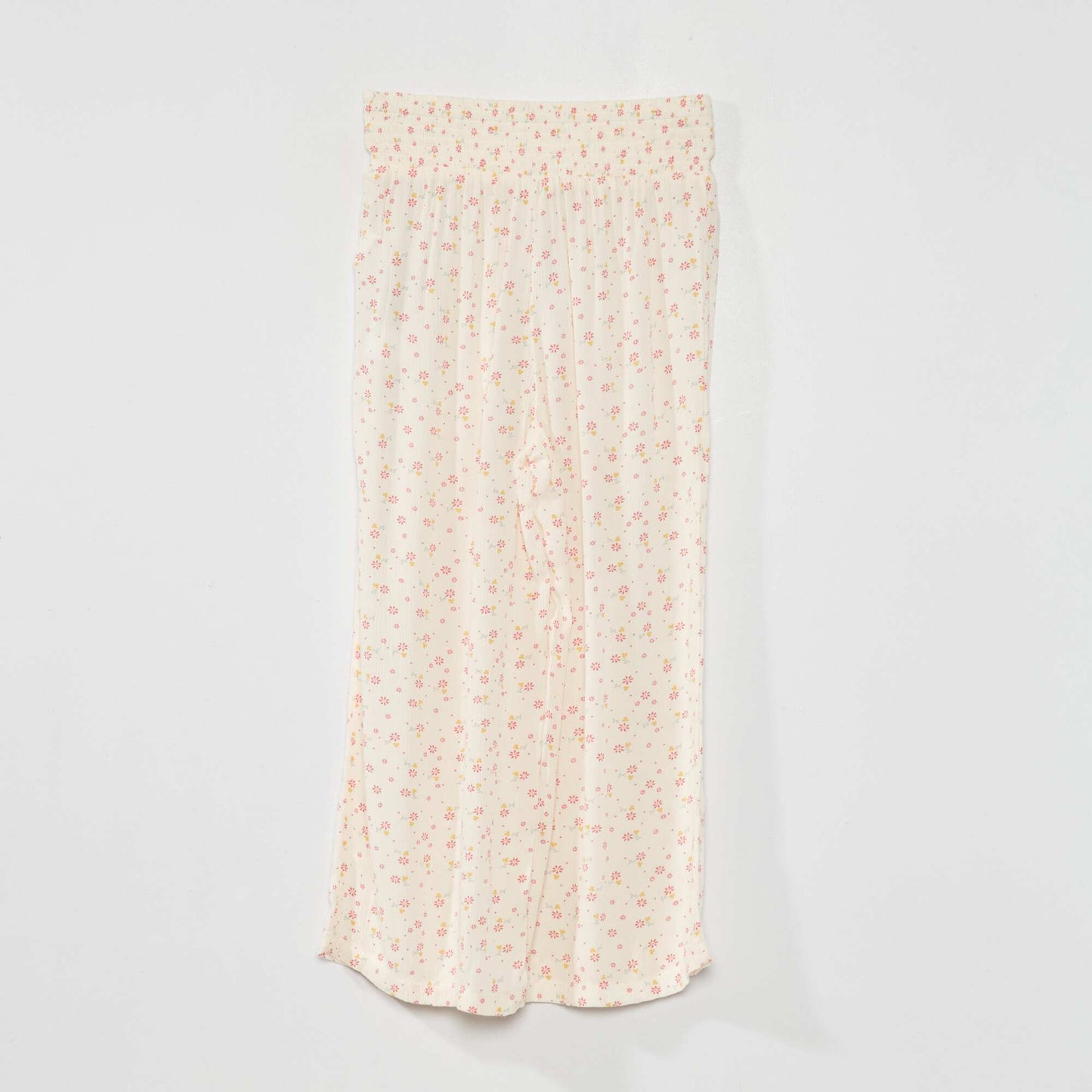 Pantalon large 'fleuri' tissu gaufr Beige