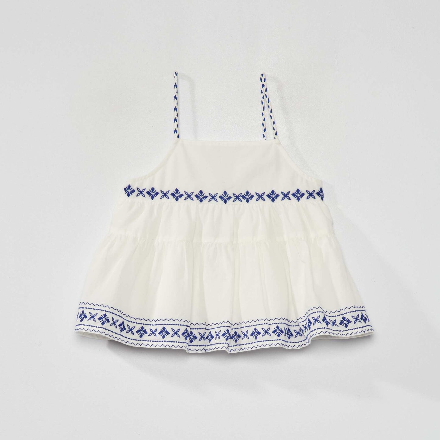 Blouse bretelles fines et broderies blanc