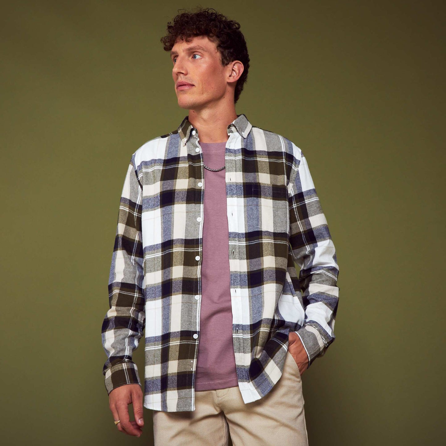Chemise droite en flanelle BLanc/vert/bleu