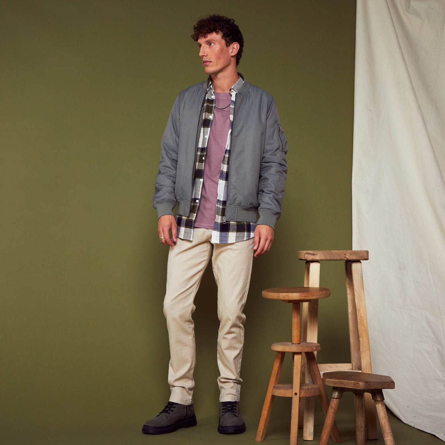 Chemise droite en flanelle BLanc/vert/bleu