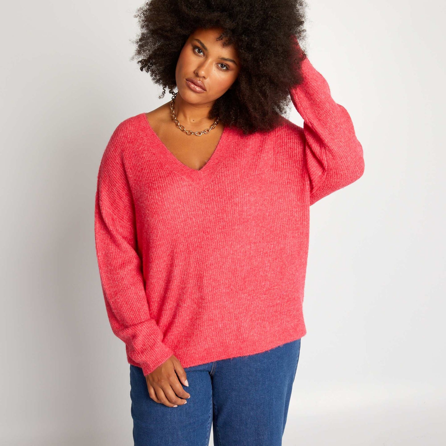 Pull en maille encolure V Rose