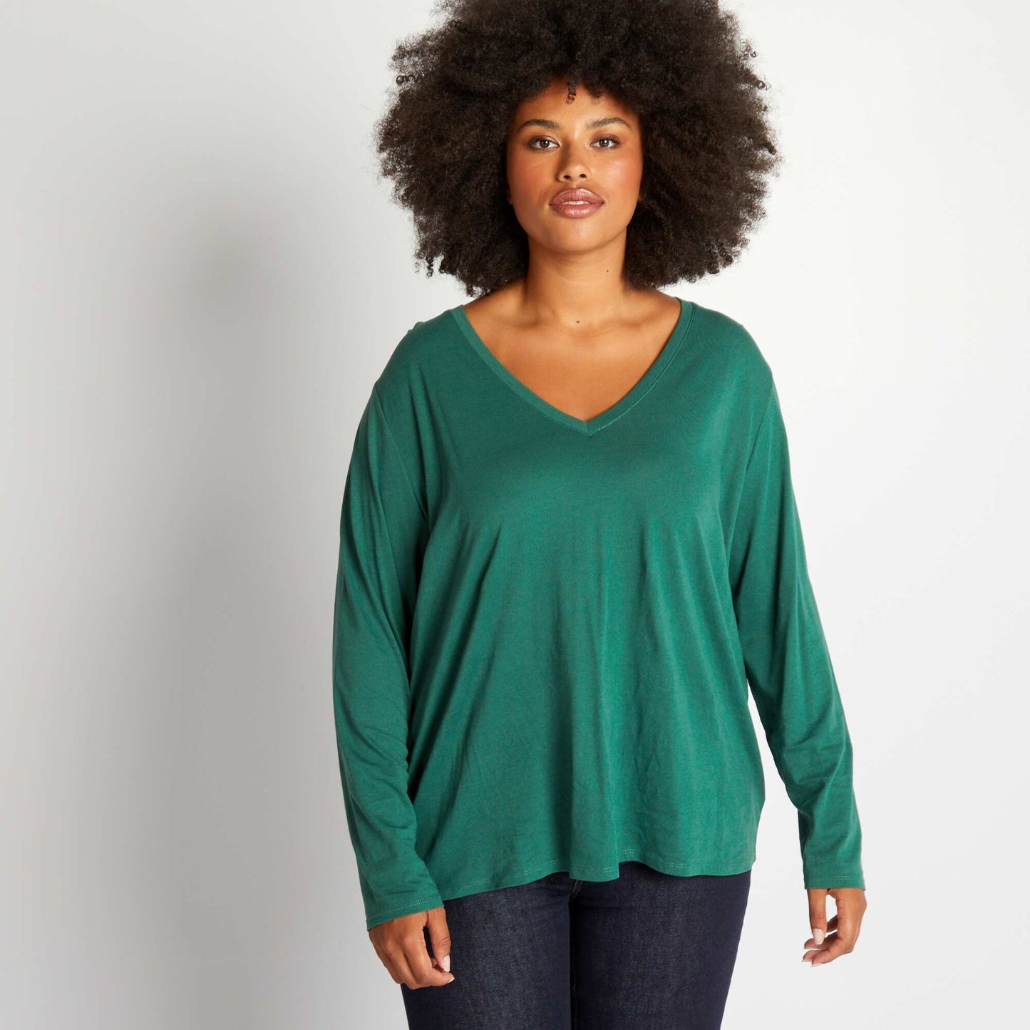 Tee-shirt basique manches longues et col V Vert