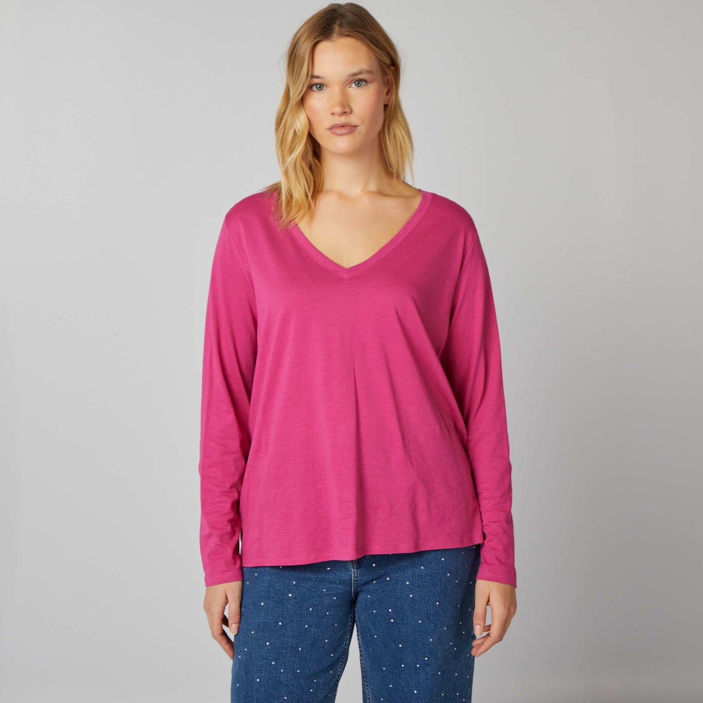 Tee-shirt basique manches longues et col V Rose