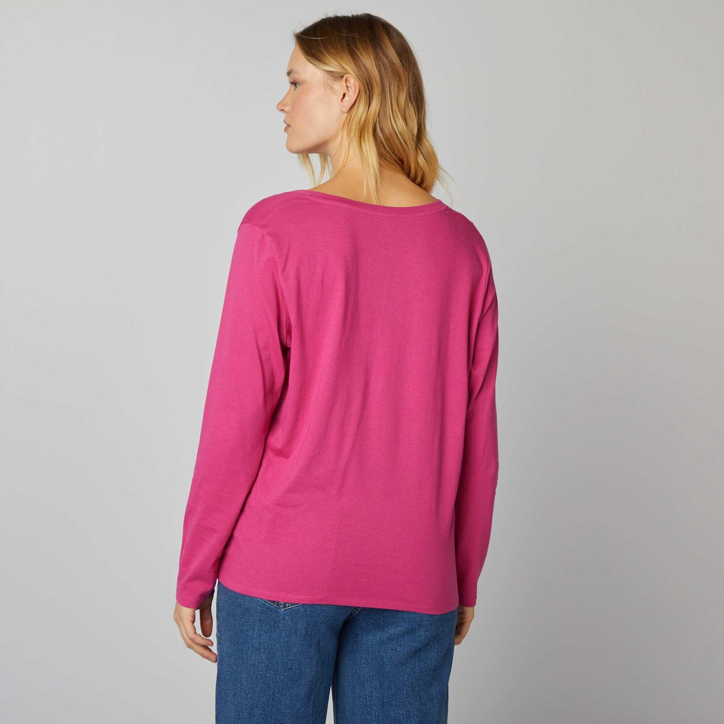 Tee-shirt basique manches longues et col V Rose