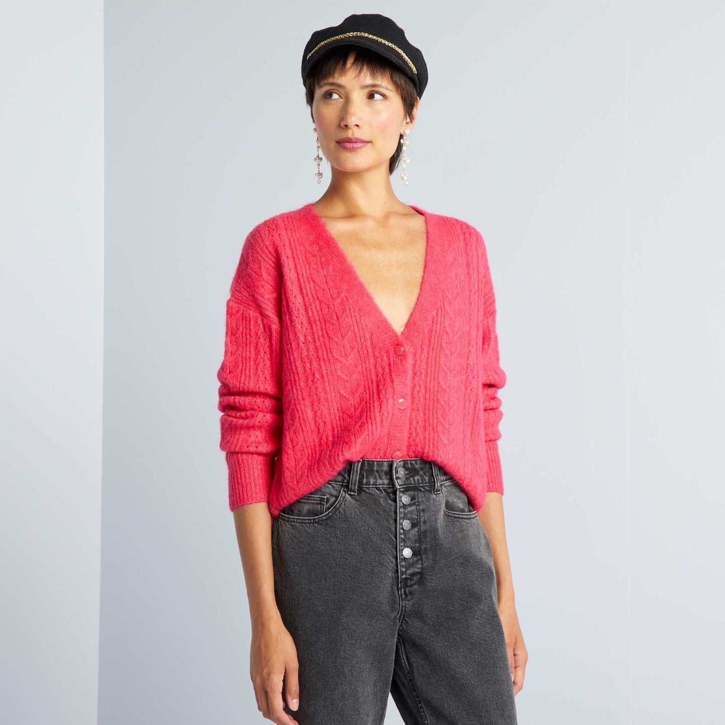 Gilet boutonn en maille ajour e rose azal e