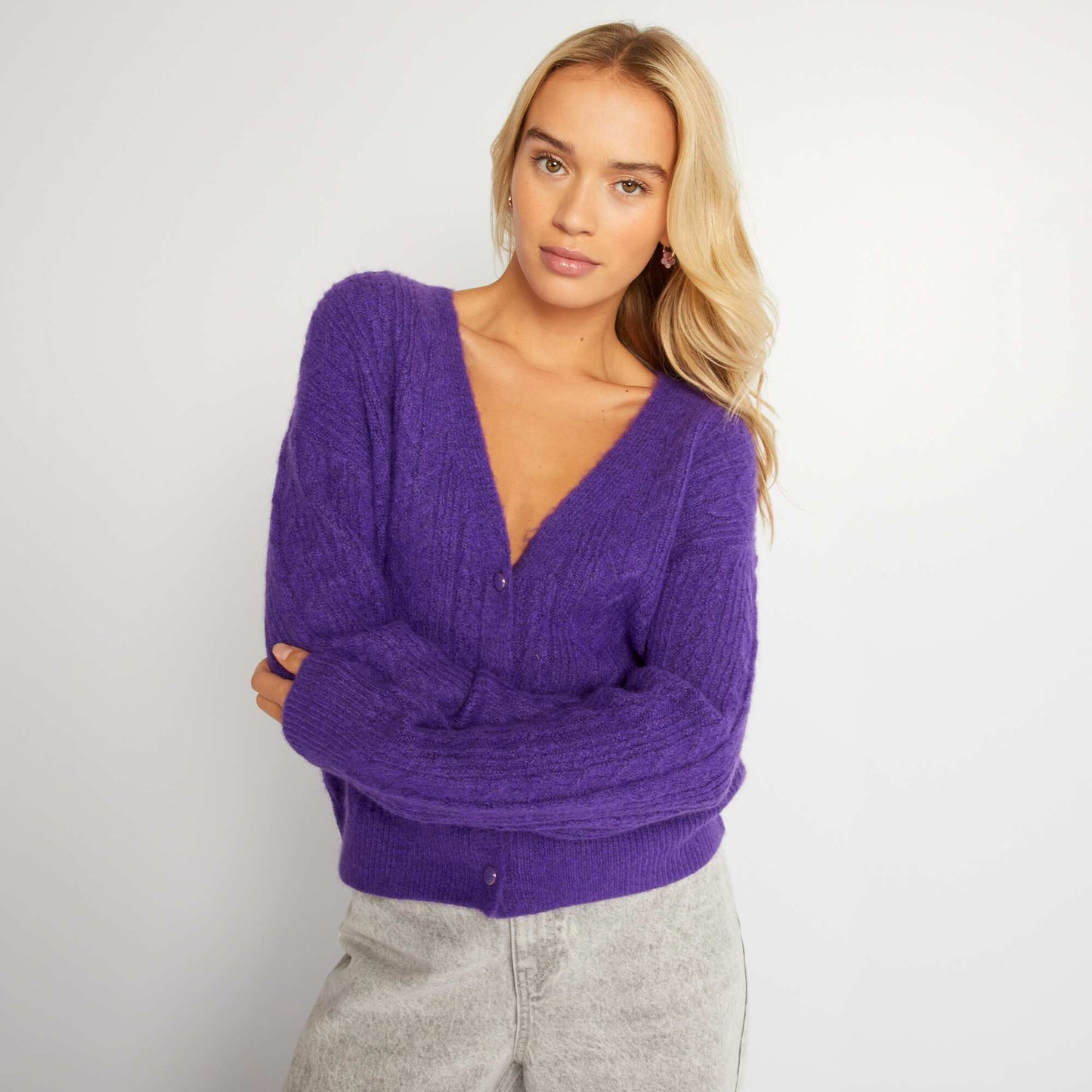 Gilet boutonn en maille ajour e Violet