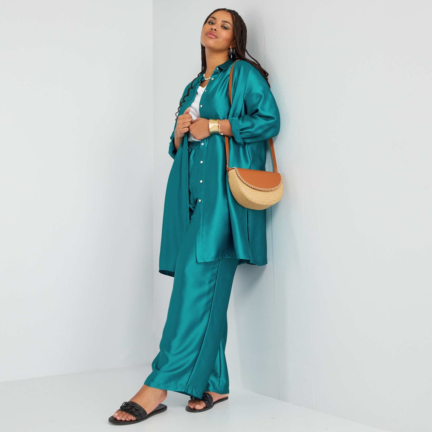 Pantalon large satin Bleu